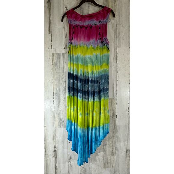 J Gee Tank Midi Dress One Size Multicolor Rainbow Tie Dye Gauzy Embroidered - Picture 2 of 9